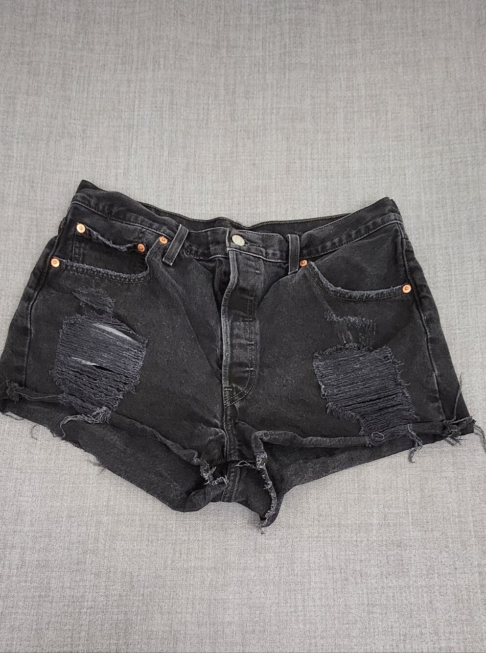 Levis 501 Button Fly Black Distressed Style 100% Cotton Denim Jean Shorts. 34